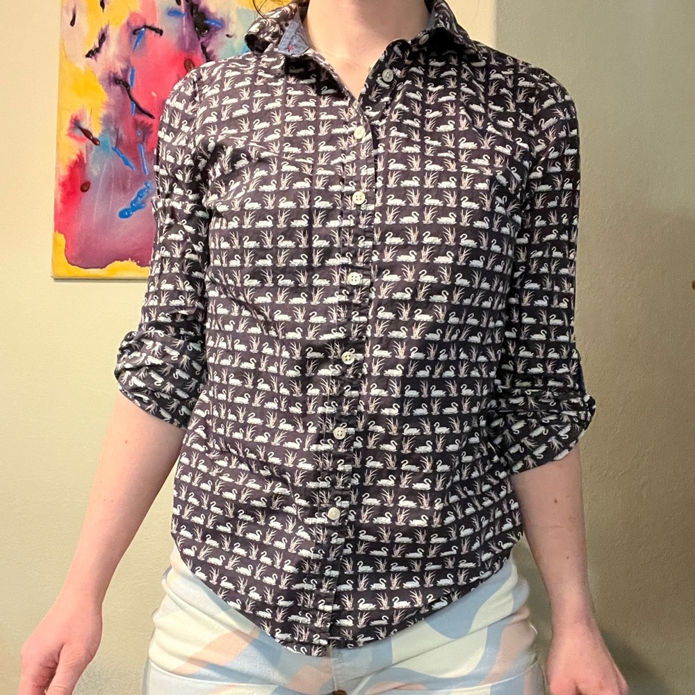 Talbots Petite Button Down Shirt with Swan Print